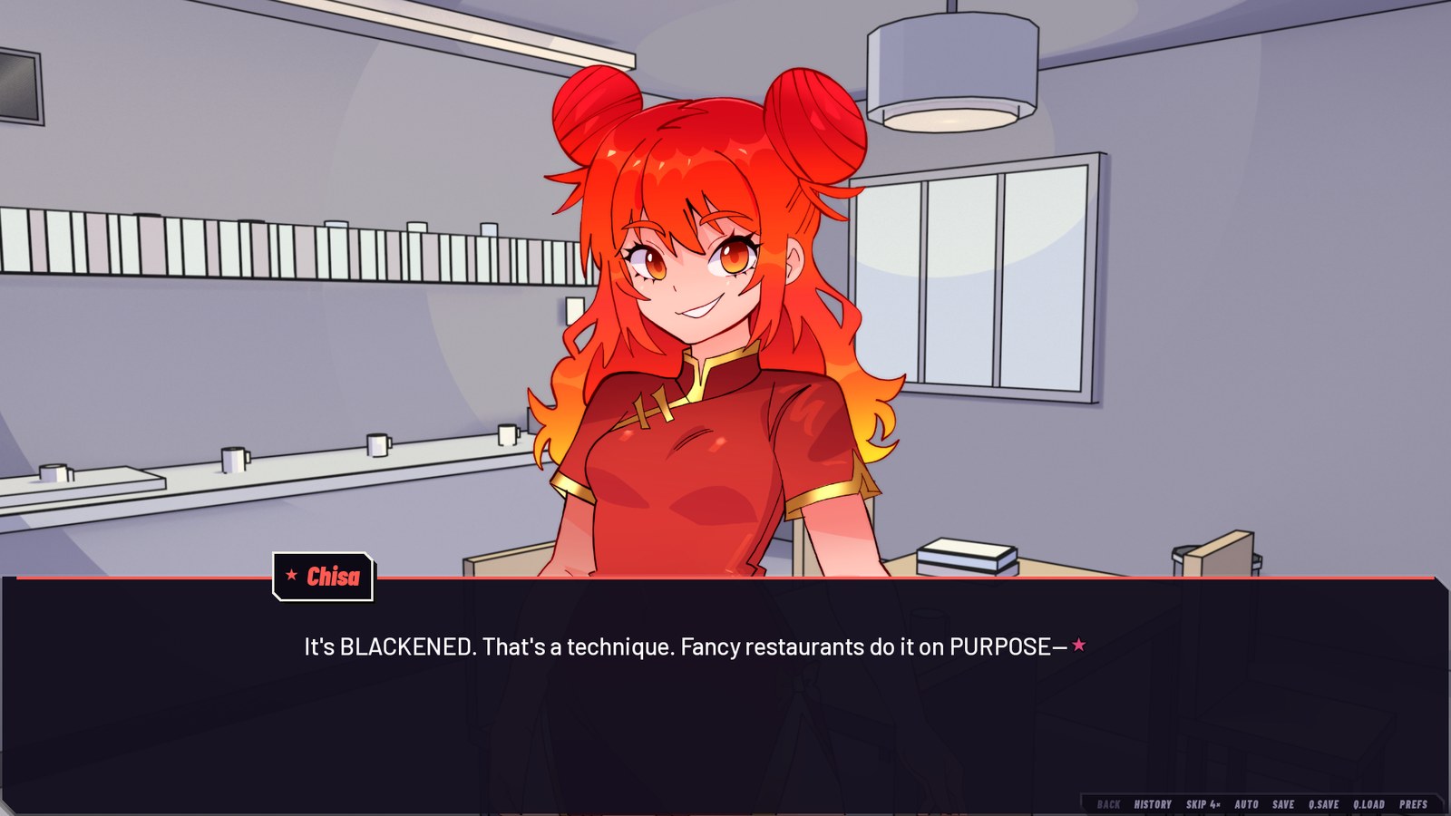 Chisa in the kitchen, mid-dialogue: 'It's BLACKENED. That's a technique. Fancy restaurants do it on PURPOSE—'