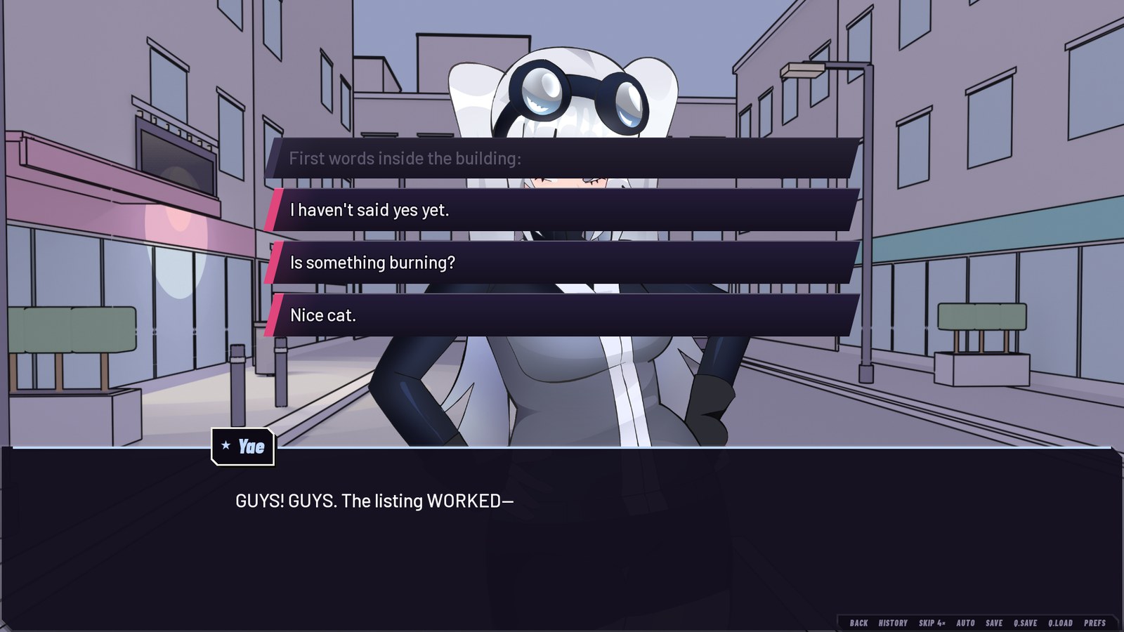 A live choice menu over Yae's line 'GUYS! GUYS. The listing WORKED—': I haven't said yes yet / Is something burning? / Nice cat.