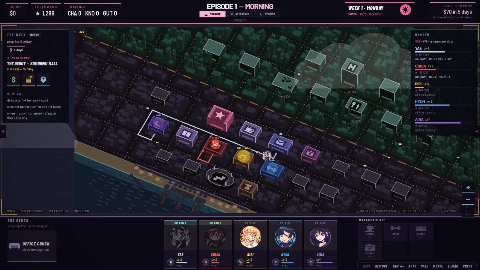 The city board — Lumen City from above: Yae and Chisa on shift, Riri's lot pulsing gold as the HOT JOB, the bench and roster live