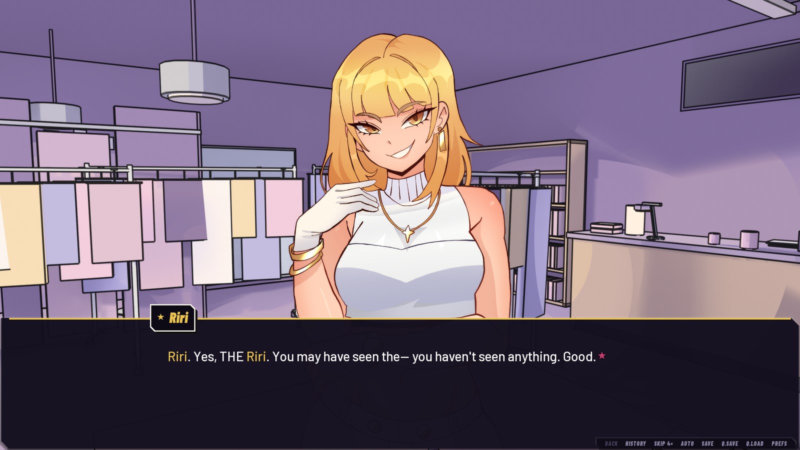 Riri at Second Thread, mid-dialogue: 'Riri. Yes, THE Riri. You may have seen the— you haven't seen anything. Good.'