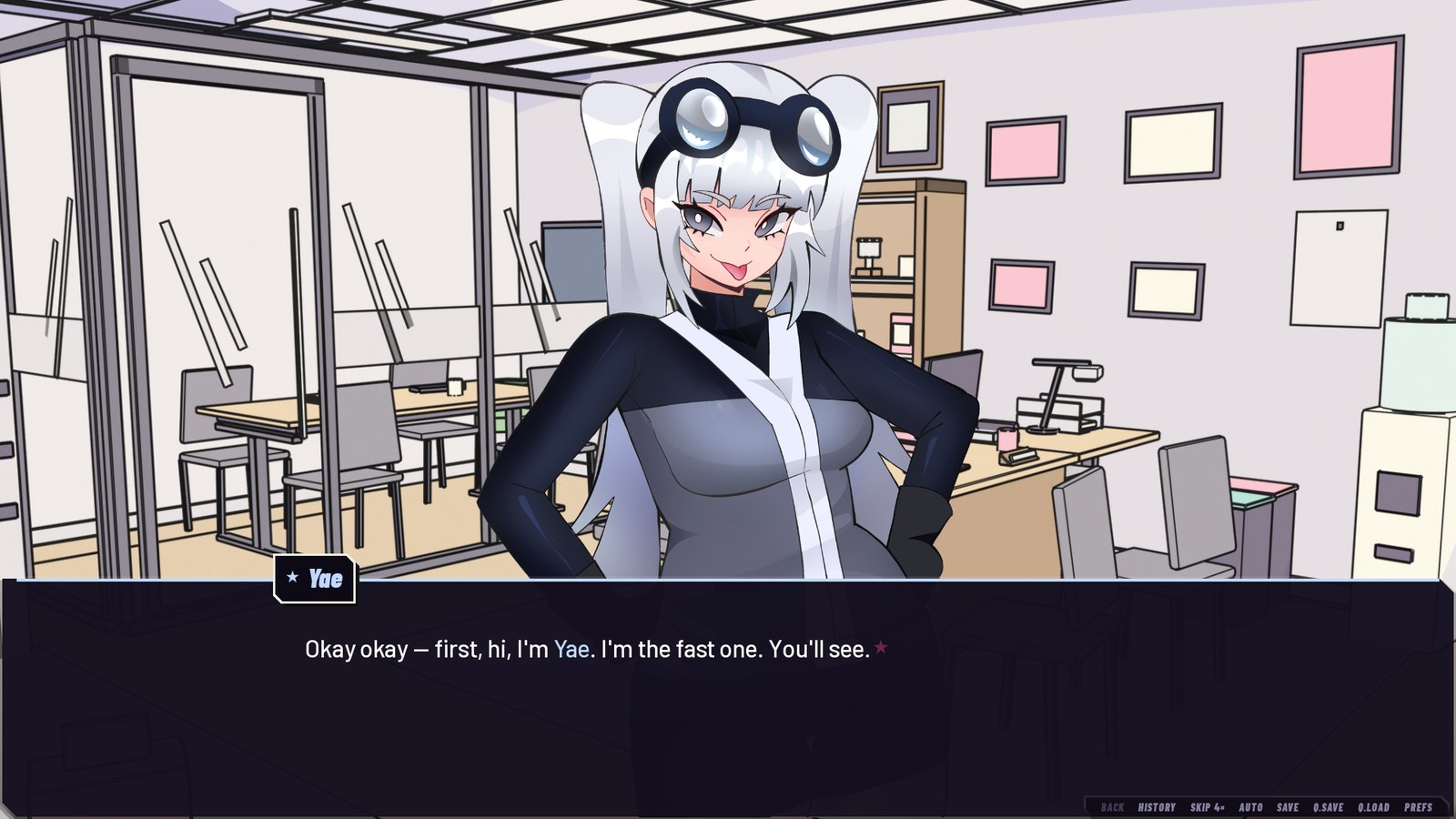 Yae in the office, mid-dialogue: 'Okay okay — first, hi, I'm Yae. I'm the fast one. You'll see.'